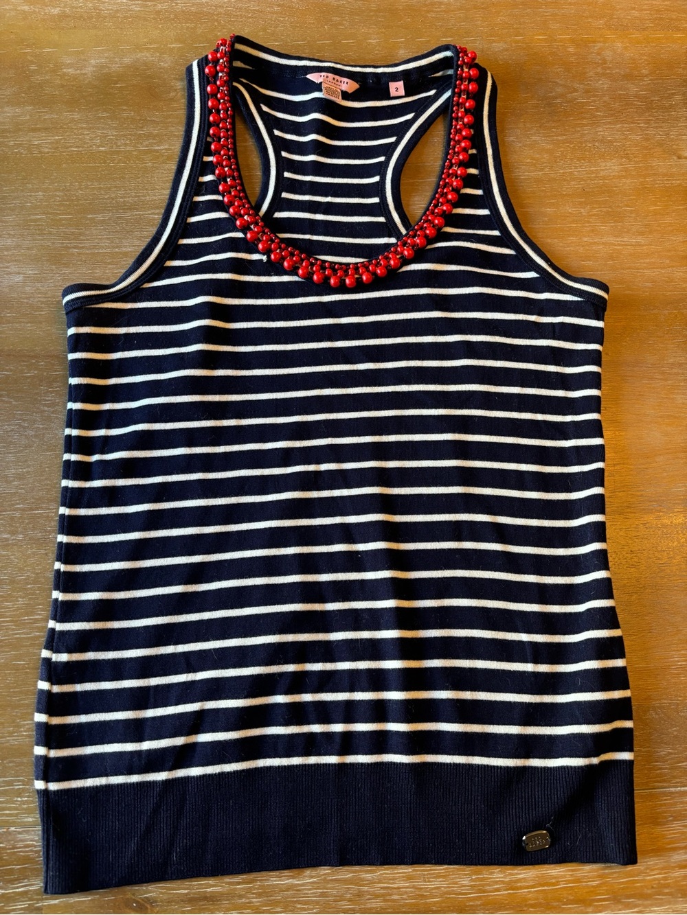 Ted Baker Navy & White Striped Racerback Tank with Red Beaded Accent